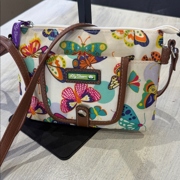 Lily Bloom Handbags - Lily Bloom Cream Crossbody Bag with Multicolor Butterfly Print and Brown Trim